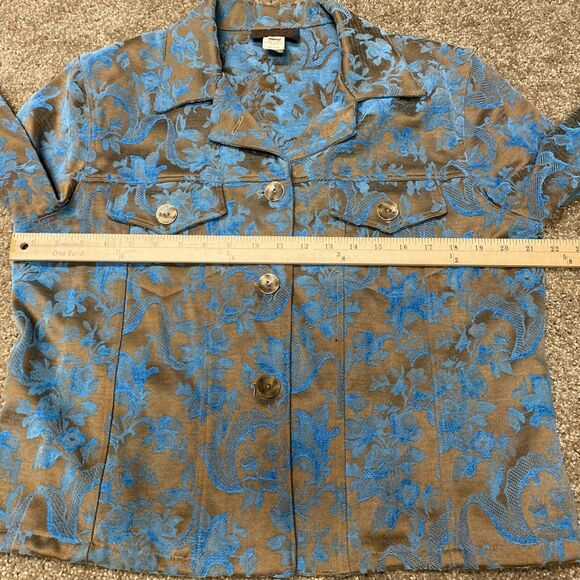 KINDRED SPIRIT Floral Brocade Jacket Large Turquoise Waist Length Tooled Design - Picture 12 of 16